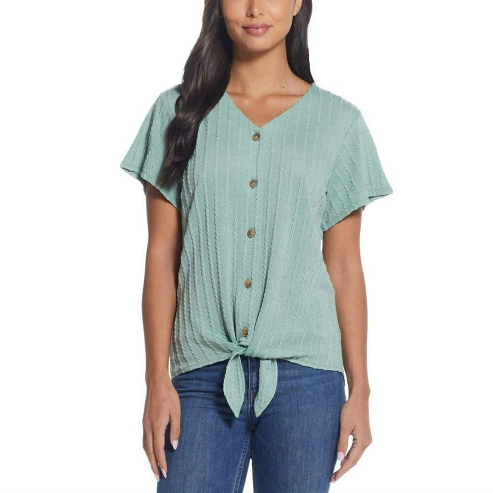 NWT Weatherproof Vintage Women's Tie Front T-Shirt V-Neck Braided Knit Top